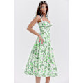 Miniatyrbillede 1 af 5: Floral Print Ærmeløs Ruched Bryst Split Lår Boho Midi Kjole XL Hvid Grøn