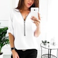 Miniatyrbilde 1 av 3: Sommerhvit Chiffon Zip Tee Bluse for Kvinner, Plus Size Sweatshirt
