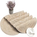 Pikkukuva 4 / 5: Pyöreät punotut tabletit, 6 kpl, pestävät pyöreät tabletit keittiön pöydälle, 38 cm pyöreät pöytätabletit (Beige, 6)