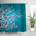 Miniatyrbillede 1 af 5: Kirsebærblomst Bruseforhæng, Blomstret Teal Stof Sakura Blomme Bruseforhæng med 12 Kroge Ba