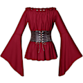 Miniatyrbillede 4 af 5: Rufflede Smocked Waist Victorian Pirate Blouse Set til Kvinder XX-Large Rød