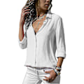 Miniatyrbilde 1 av 4: Elegant Hvit Chiffon V-Hals Bluse, XL - Monokrom Langarmet Topp for Kvinner