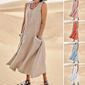Miniatyrbillede 2 af 4: Boho-stilærærmeløs bomulds- og linnedress med lommer - Kvinders strandtankkjole - Khaki - Størrelse 3XL