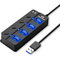 Miniatyrbild 1 av 5: USB 3.0 Hubb med Separat Strömbrytare och LED-lampor, 4 Portars USB Hubb Strömadapter för Snabb Dataöverföring & Laddning