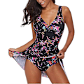 Miniatyrbillede 4 af 4: Sort blomsterprint V-hals One Piece Tankini-badedragt med polstret bh og sideslidsdetaljer