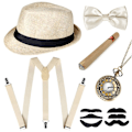 Pikkukuva 1 / 5: 1920-luvun miesten beige Gangster Flapper -asusarja, jossa Trilby-hattu, viikset ja joustavat henkselit
