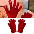 Miniatyrbillede 6 af 8: Vinterhandsker 2 Finger Eksponeret Design Akryl Fleece Ren Farve Lange Vinterstrikkede Handsker til Udendørs Indendørs Rød