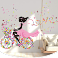 Miniatyrbillede 4 af 5: Smukke blomsterpige cykel vægklistermærker - Romantisk pige soveværelse indretning, DIY blomst sommerfugl tapet vægmaleri