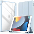Pikkukuva 1 / 5: Vaaleansininen suojakotelo iPad 10.2 tuuman (9./8./7. sukupolvi, 2021/2020/2019) -laitteelle, jossa kynäteline, ohut läpinäkyvä takakotelo, iskunkestävä jalustallinen tabletti
