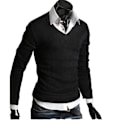 Miniatyrbillede 1 af 5: Klassisk strikket V-hals sweater til mænd - Langærmet pullover L Sort