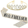 Miniatyrbillede 2 af 2: Kvinder Glitter Rhinestone Bogstav Print Skærf Tiara Sæt Fødselsdagsfestartikler Zekai Gylden 10 År Gammel