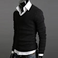 Miniatyrbillede 3 af 5: Klassisk strikket V-hals sweater til mænd - Langærmet pullover L Sort