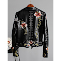 Miniatyrbillede 3 af 5: Floral broderet kunstlæder bikerjakke til kvinder XL sort