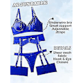 Miniatyrbilde 4 av 5: Strappy Lingerie Set med Strømpebånd, BH, Truser og Lårstropper M blå