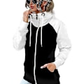 Miniatyrbillede 1 af 3: Colorblock hættetrøje sweatshirt med lynlås og lommer - Dame casual langærmet hættejakke 4XL Hvid