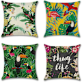 Pikkukuva 1 / 5: Flamingot ja trooppiset kasvit set , 4 - 45 x 45 cm, puuvillaiset pellavaiset koristetyynyliinat sohvalle, autoon ja kodin sisustukseen