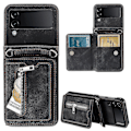 Miniatyrbillede 1 af 5: Til Samsung Galaxy Z Flip4 5g Etui Kortholder Pu Læder Støtteben Telefon Cover Med Håndrem-B6 Sort