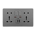 Miniatyrbilde 1 av 5: Multifunksjonell UK 13a Veggkontakt Trykknapp 2.1a Doble USB-ladeportar Tre-hulls To-hulls Hjem Zekai Grå