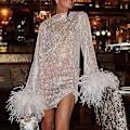 Miniatyrbilde 5 av 5: Sequin Mesh Fjær Mini Festkjole - Rosa & Hvit & Svart - Lang Erme - XL