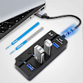 Miniatyrbild 2 av 5: USB 3.0 Hubb med Separat Strömbrytare och LED-lampor, 4 Portars USB Hubb Strömadapter för Snabb Dataöverföring & Laddning