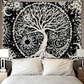 Pikkukuva 2 / 5: Elämänpuun seinävaate Kuu ja Musta Aurinko Psykedeelinen seinävaate Mandala Tähtitaivas Hippi-seinävaate makuuhuoneeseen (130x150cm)