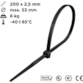 Pikkukuva 2 / 5: Nippuside 200mm x 2.5mm, Nippuside, Nylon-nippusiteet, Nippusiteet 200mm, Musta, 200 kappaleen pakkaus,