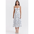 Miniatyrbillede 2 af 5: Floral Print Bustier Sommerkjole - Ærmeløs Ruched Bryst Split Lår Boho Midi Kjole (Gratis fragt) XL Hvid og blå blomst