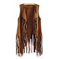 Miniatyrbillede 1 af 5: Frynsede Tassels 70'er Hippie Kunstlæder Ærmeløs Jakke, Kvinders Åben Front Cardigan, Khaki, 2XL