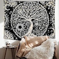 Miniatyrbillede 2 af 5: Livets Træ Tapet Måne og Sol Sort Psykedelisk Vægophæng Stjerne Mandala Hippie Vægdekoration til Soveværelse Kollegie Fest (150x200cm)