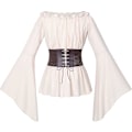 Miniatyrbillede 4 af 5: Ruffle Smocked Waist Victorian Pirate Shirt Blouse Set Large Beige
