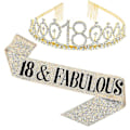 Miniatyrbillede 2 af 2: Kvinder Glitter Rhinestone Bogstav Print Skærf Tiara Sæt Fødselsdagsfestartikler Zekai Gylden 18 År Gammel