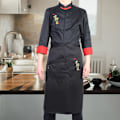 Miniatyrbillede 2 af 8: 2 stk. Vintage Unisex Kokkeuniform Sæt Kokkejakke Langærmet Kokkefrakke med Forklæde (Sort XXL)