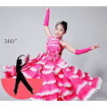 Miniatyrbillede 2 af 3: Moderne kronblad danse kjole - Piger Flamenco Ballroom nederdel til sceneoptræden og skoleaktiviteter 5-6 år 360 rose rød