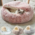 Miniatyrbillede 1 af 5: Kæledyr Kat Lille Hund Rund Plys Varm Seng Halvt Lukket Rede til Hvalp Killing Dyb Søvn Seng Blød Fluffy Beroligende Kennel-Brun/15.75in