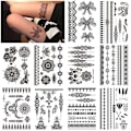 Miniatyrbilde 1 av 4: 10 Ark med Svarte Midlertidige Tatoveringsklistremerker for Voksne Kvinner Jenter Fjær Mandala Blomst Kunst Kropp Arm Store Tatoveringsark Blonder Bryllup Midlertidige Tatoveringer