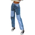 Miniatyrbild 1 av 5: Patchwork Jeans för Dam Hög Midja Raka Stretch Jeans Flickor Mode Färgblock Patchwork Jeans blå xl