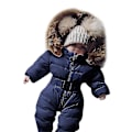 Miniatyrbillede 1 af 5: Baby Hætte Jumpsuit til 0-24 Måneder - Unisex Romper med Pels Krave 70cm Mørkeblå