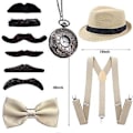 Pikkukuva 2 / 5: 1920-luvun miesten beige Gangster Flapper -asusarja, jossa Trilby-hattu, viikset ja joustavat henkselit