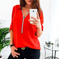 Miniatyrbillede 1 af 3: Rød Chiffon Zip Tee Bluse til Kvinder, Plus Størrelse 2XL