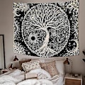Miniatyrbillede 3 af 5: Livets Træ Tapet Måne og Sol Sort Psykedelisk Vægophæng Stjerne Mandala Hippie Vægdekoration til Soveværelse Kollegie Fest (150x200cm)