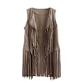 Miniatyrbillede 1 af 5: Frynsetasslet Ærmeløs Kunstlæder Hippie Cardigan - XL Beige