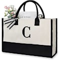 Miniatyrbilde 1 av 5: Personlig Strandveske i Canvas med Initialer - Monogrammert Tote Bag for Kvinner B