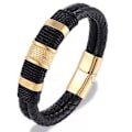 Miniatyrbillede 2 af 5: Mænds Premium Sort Læderarmbånd med Guld Magnetisk Rustfrit Stål Spænde