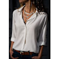 Miniatyrbilde 3 av 4: Elegant Hvit Chiffon V-Hals Bluse, XL - Monokrom Langarmet Topp for Kvinner