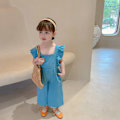 Miniatyrbild 1 av 5: Flickor Romper Ärmlös Ren Färg Rygglös Mode Casual Jumpsuit för Sommar Barn Blå 43.31‑45.28in