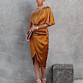 Miniatyrbillede 1 af 4: Solid Farvet Satin Bodycon Midi Kjole til Kvinder - Orange