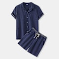 Miniatyrbillede 1 af 3: Sommer Herre Bomuld Linned Outfit: Kortærmet Skjorte + Shorts Sæt, Strandtøj XL Navy Blå