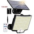 Pikkukuva 1 / 5: Ulkokäyttöön tarkoitettu aurinkokennovalaisin 118 LED-sensorilla, IP65 vedenpitävä, 3 tilaa, kaukosäädin puutarhaan, patiolle, autotalliin, ulkotilaan 106LED