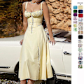 Miniatyrbillede 3 af 5: Floral Print Ruched Bust Split Thigh Boho Midi Kjole - Kvinder M Gul Lilla Hvid Blomst