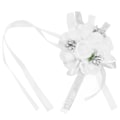 Miniatyrbilde 3 av 8: Hvit bryllupshåndleddsblomst med perlebånddesign Ekteskap Bryllup Håndleddskorsett